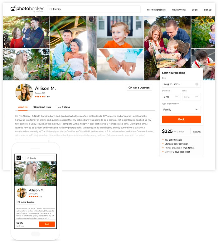 image of a profile of a photographer to hire and examples of their work and phone example