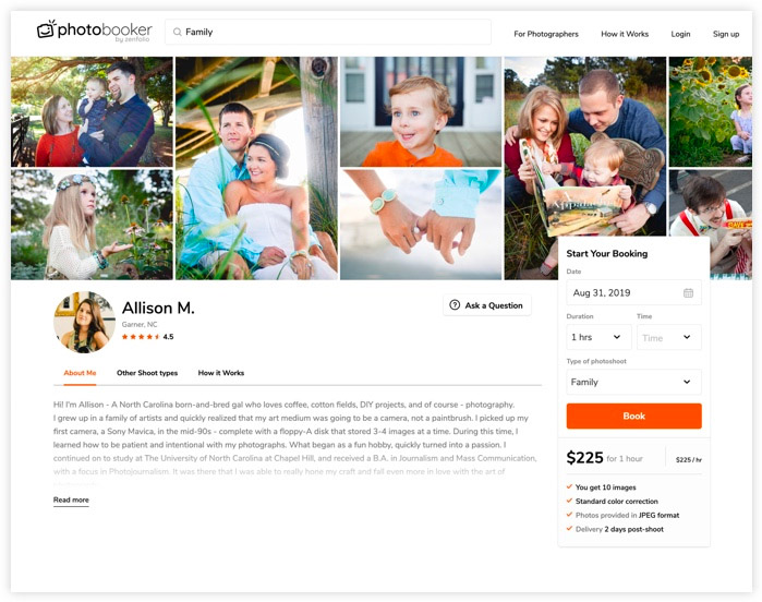 image of a profile of a photographer to hire and examples of their work